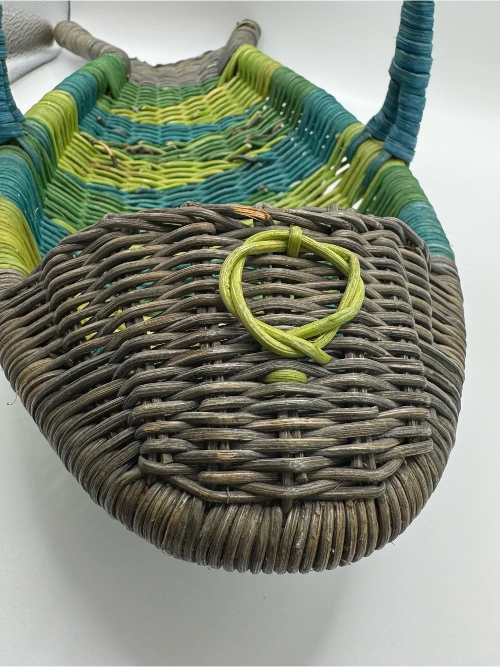 Vintage Wicker Fish Basket Shaped Fruit Bowl Colorful Hand Woven Boho Handle 70s